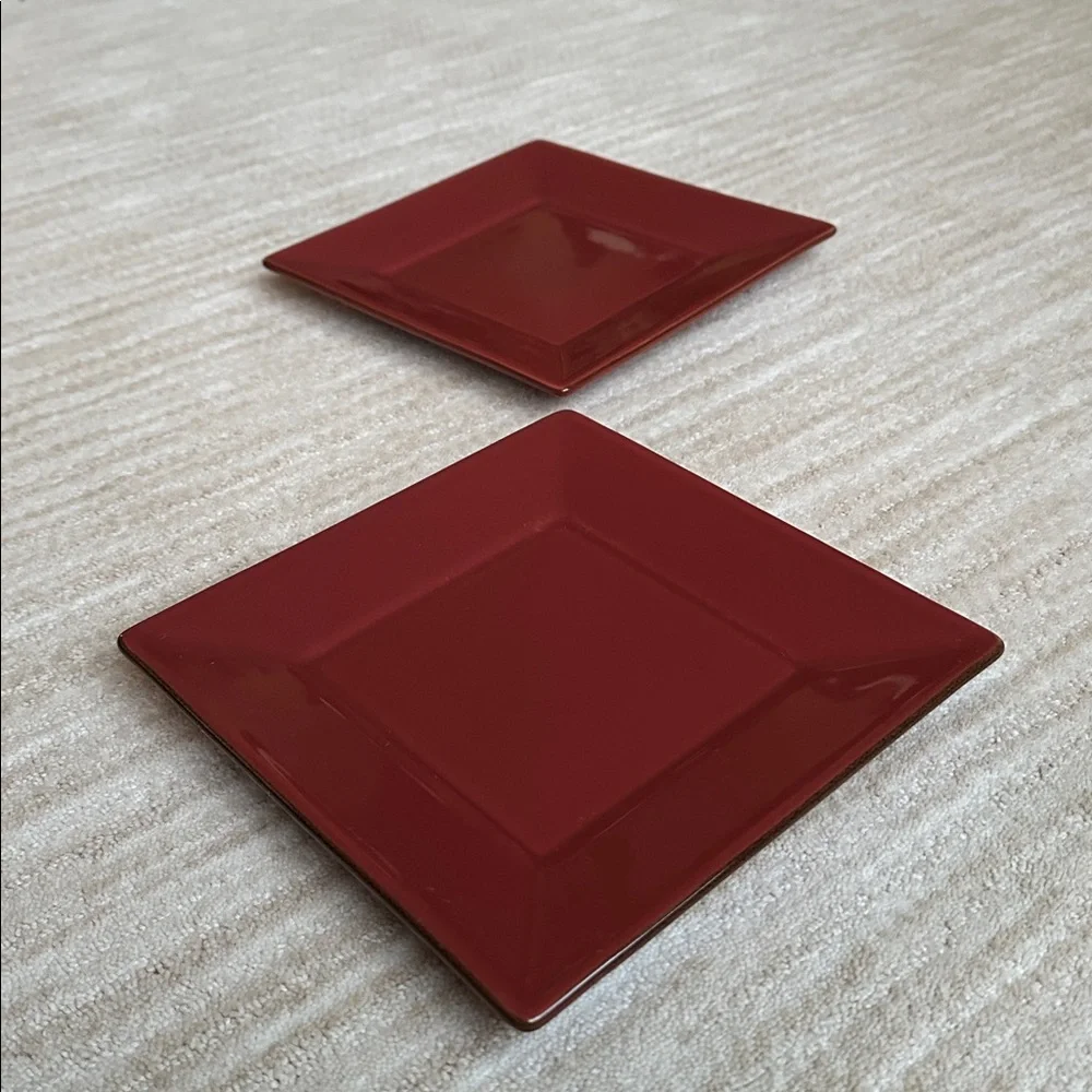 Set of 2 POTTERY BARN CHINA Salad Appetizer Plates Asian Square Paprika (Red) 8”